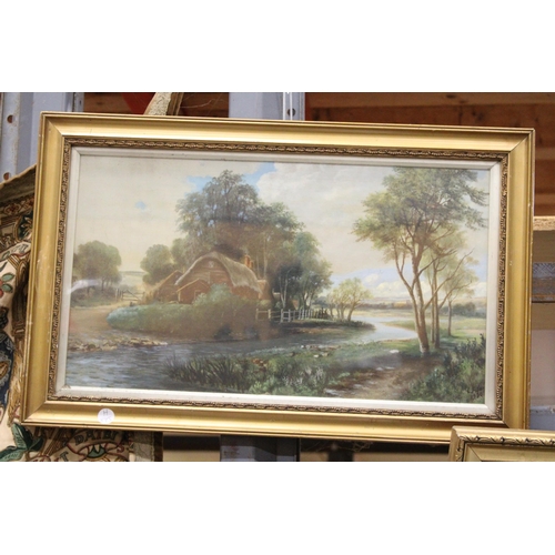 1183 - AN OIL ON CANVAS OF A COUNTRY COTTAGE ON A RURAL LANE, SIGNED - IN GILT FRAME TOGETHER WITH A PRINT ... 