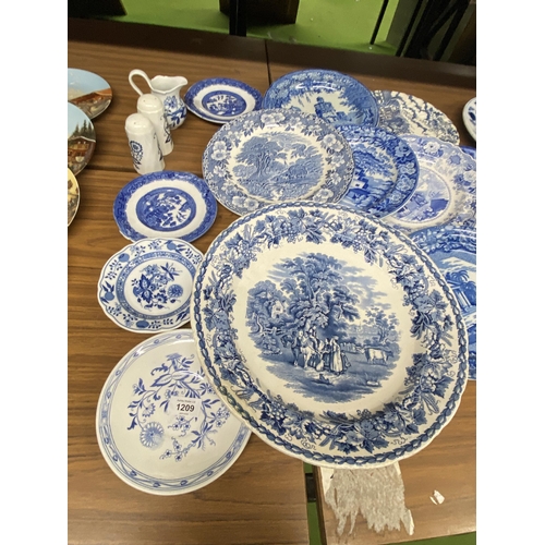 1209 - A LARGE QUANTITY OF BLUE AND WHITE VINTAGE PLATES TO INCLUDE BOOTHS, RILEY'S, WEDGWOOD, ETC