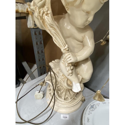 1220 - A LARGE CHERUB LAMP BASE WITH SILK LINED SHADE (A/F)