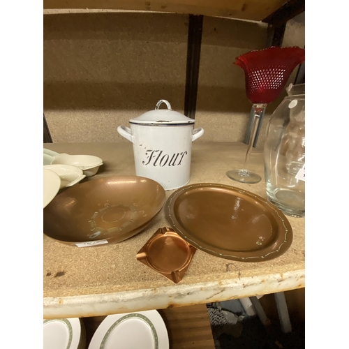 1233 - A VINTAGE ENAMELLED FLOUR BIN PLUS A COPPER PLATE, BOWL AND ASHTRAY