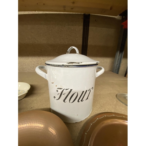 1233 - A VINTAGE ENAMELLED FLOUR BIN PLUS A COPPER PLATE, BOWL AND ASHTRAY