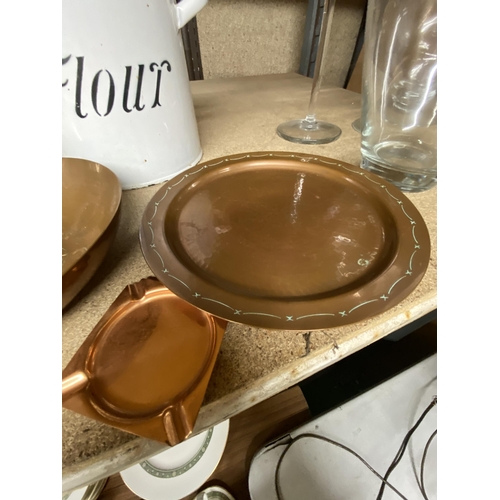 1233 - A VINTAGE ENAMELLED FLOUR BIN PLUS A COPPER PLATE, BOWL AND ASHTRAY