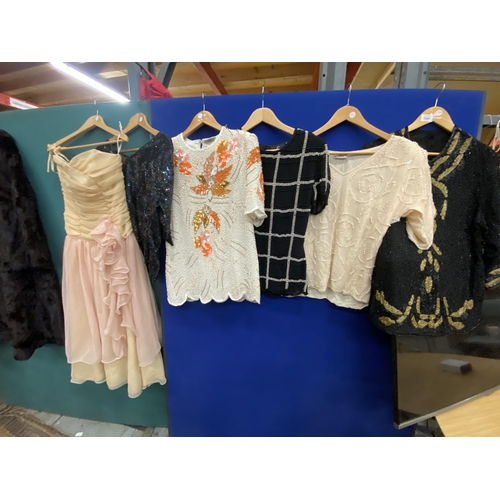 1241 - SIX ITEMS OF VINTAGE CLOTHING TO INCLUDE FIVE BEADED AND SEQUINNED TOPS, ONE FRANK USHER AND A VERA ... 