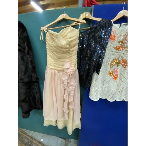 1241 - SIX ITEMS OF VINTAGE CLOTHING TO INCLUDE FIVE BEADED AND SEQUINNED TOPS, ONE FRANK USHER AND A VERA ... 