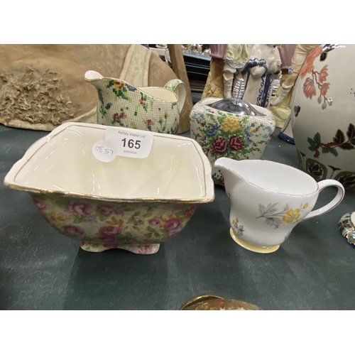 165 - THREE PIECES OF ROYAL WINTON TO INCLUDE A JUG AND TWO BOWLS PLUS A SMALL SHELLEY 'CHARM' CREAM JUG