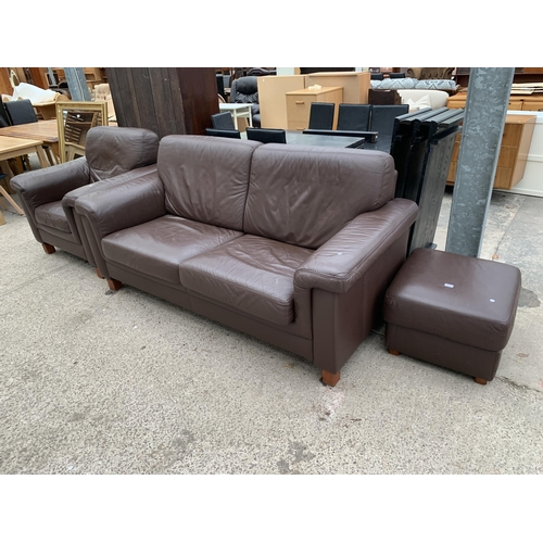 2989 - A BROWN LEATHER SETTEE, EASY CHAIR AND STOOL