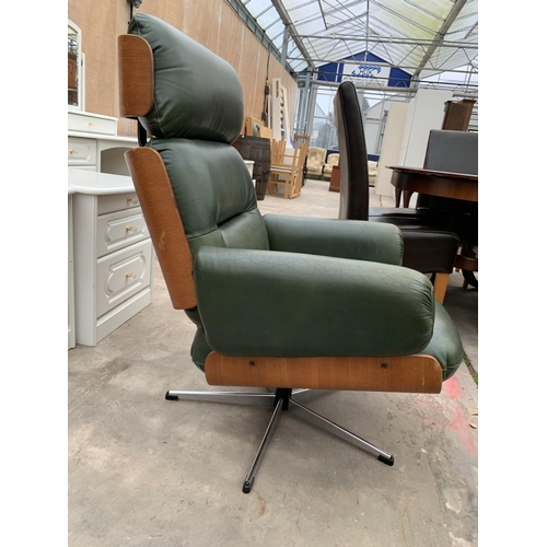 3025 - A RETRO GREEN LEATHER GUX ROGERS STYLE BENTWOOD REVOLVING EASY CHAIR