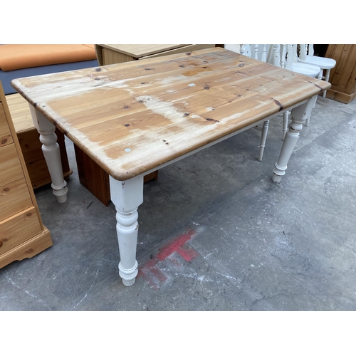 3000 - A VICTORIAN STYLE PINE KITCHEN TABLE ON PAINTED AND TURNED LEGS, 60