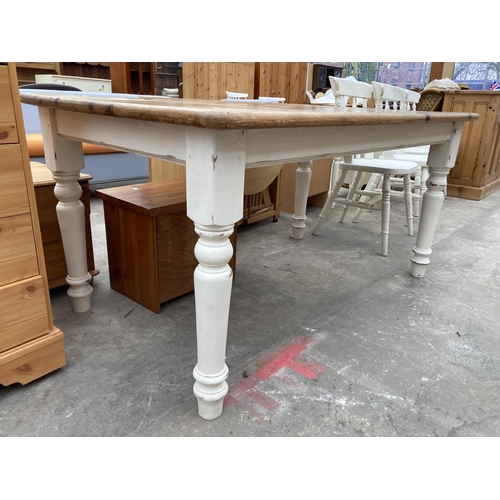 3000 - A VICTORIAN STYLE PINE KITCHEN TABLE ON PAINTED AND TURNED LEGS, 60