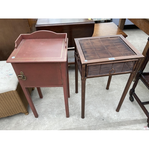 3007 - A METAL AND WIREWORK BEDSIDE TABLE AND PAINTED BEDSIDE LOCKER WITH GALLERY BACK