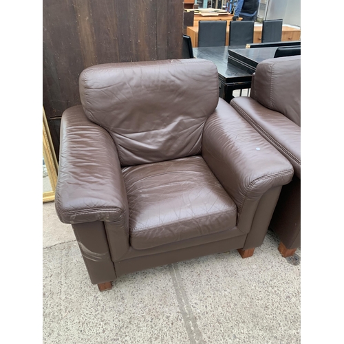 2989 - A BROWN LEATHER SETTEE, EASY CHAIR AND STOOL