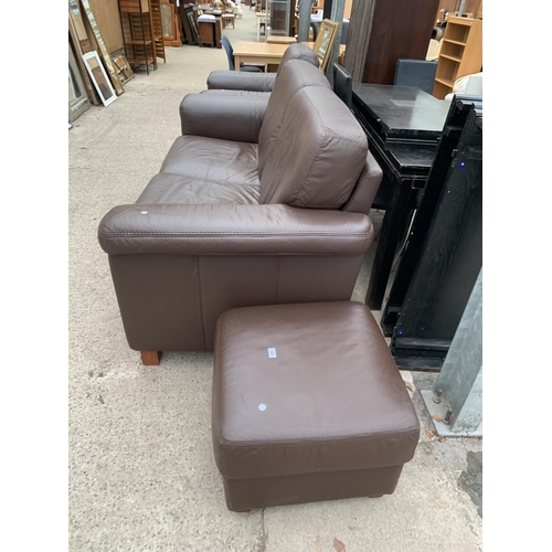 2989 - A BROWN LEATHER SETTEE, EASY CHAIR AND STOOL