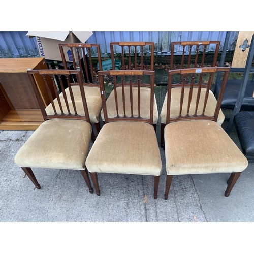 3050 - A SET OF SIX 19TH CENTURY MAHOGANY AND INLAID DINING CHAIRS WITH REEDED BACK ON TAPERING LEGS WITH S... 