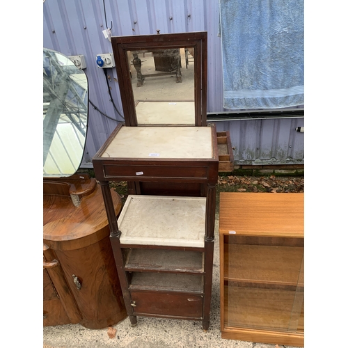 3052 - A 19TH CENTURY MAHOGANY GENTLEMANS DRESSING STAND WITH RISING MIRROR, MARBLE TOP AND SHELF, AND TWO ... 