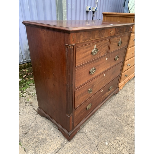 3055 - A GEORGE III MAHOGANY AND INLAID CHEST OF TWO SHORT AND THREE LONG GRADUATED DRAWERS, 46