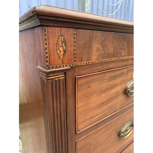 3055 - A GEORGE III MAHOGANY AND INLAID CHEST OF TWO SHORT AND THREE LONG GRADUATED DRAWERS, 46