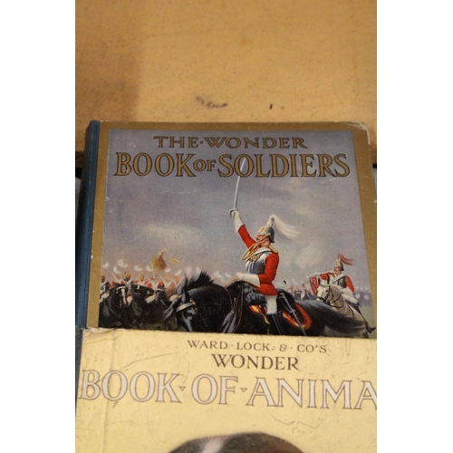 28 - THREE VINTAGE 'THE WONDER' BOOKS TO INCLUDE ANIMALS, RAILWAYS AND SOLDIERS