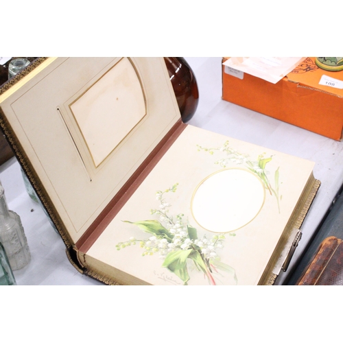 109 - AN ANTIQUE CIRCA 1800 LEATHER PHOTO ALBUM WITH SIGNED FLORAL WATERCOLOUR ARTWORK TO THE INNER