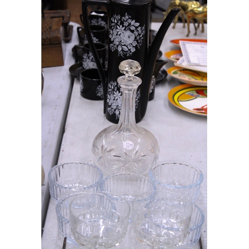 141 - A QUANTITY OF GLASSWARE TO INCLUDE A CUT GLASS DECANTER, DRINKING GLASSES, SUNDAE BOWLS, ETC.,