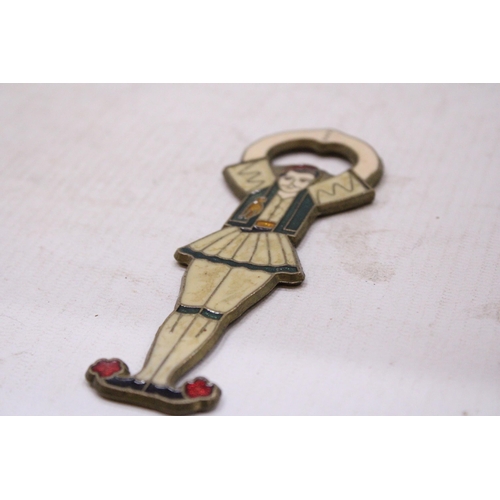 196 - A VINTAGE GREEK BRONZE AND ENAMEL BOTTLE OPENER