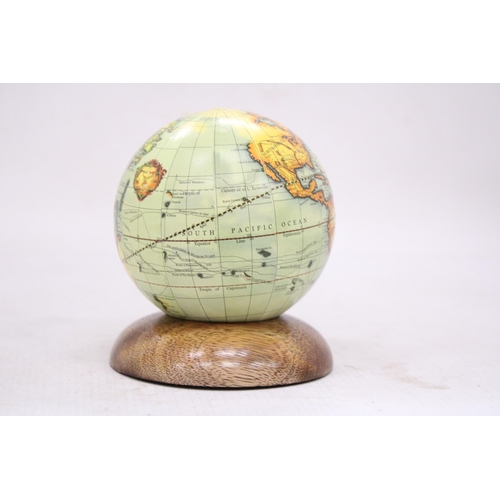 227 - A SMALL WORLD GLOBE ON A WOODEN BASE, HEIGHT 12CM