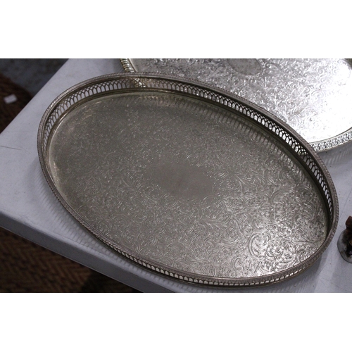 264A - THREE SILVER PLATED TRAYS, TWO GALLERIED AND ONE WITH HANDLES