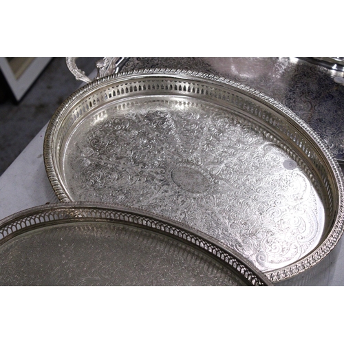 264A - THREE SILVER PLATED TRAYS, TWO GALLERIED AND ONE WITH HANDLES