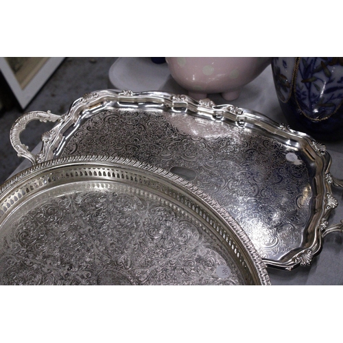 264A - THREE SILVER PLATED TRAYS, TWO GALLERIED AND ONE WITH HANDLES