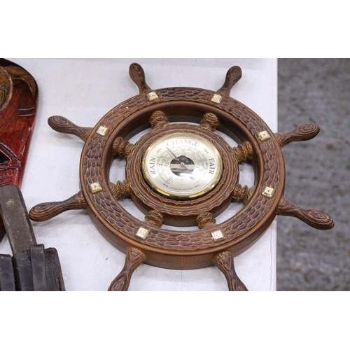 298 - A MIXED LOT TO INCLUDE A WOODEN WALL MASK, SHIP'S WHEEL BAROMETER, VOLTS METER, CORKSCREW, KNIFE IN ... 