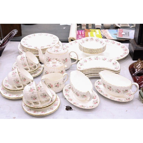 300 - A MINTON SPRING BOUQUET PART DINNER SERVICE TO INCLUDE A TEAPOT, LIDDED SUGAR BOWL, MILK JUG, SAUCE ... 