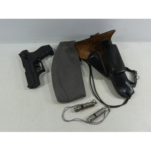 325 - A LEATHER HOLSTER PLASTIC P99 PISTOL AND A GREY FIELD CAP, AND TWO POLICE WHISTLES