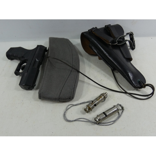 325 - A LEATHER HOLSTER PLASTIC P99 PISTOL AND A GREY FIELD CAP, AND TWO POLICE WHISTLES