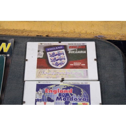 877 - FIVE FRAMED AND GLAZED VINTAGE ENGLAND WEMBLEY FOOTBALL TICKETS