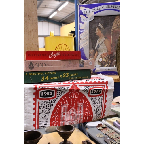 929 - FOUR ROYALTY THEMED JIGSAWS, 2 VINTAGE PLUS A DIAMOND JUBILEE TEA TOWEL