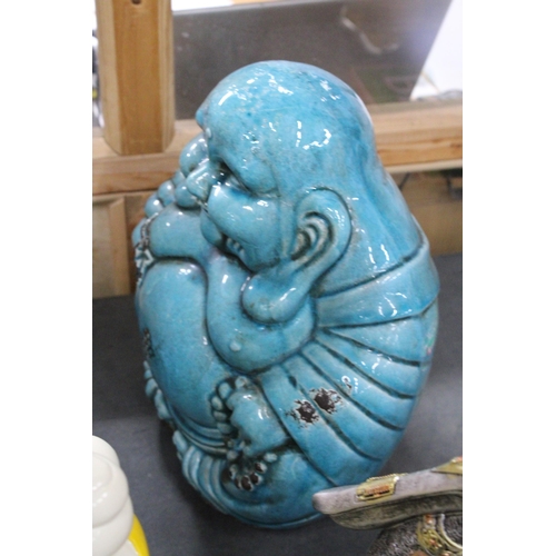 951 - A LARGE BLUE CERAMIC SITTING BUDDAH, HEIGHT APPROX 36CM