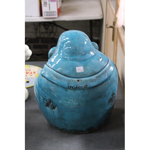 951 - A LARGE BLUE CERAMIC SITTING BUDDAH, HEIGHT APPROX 36CM