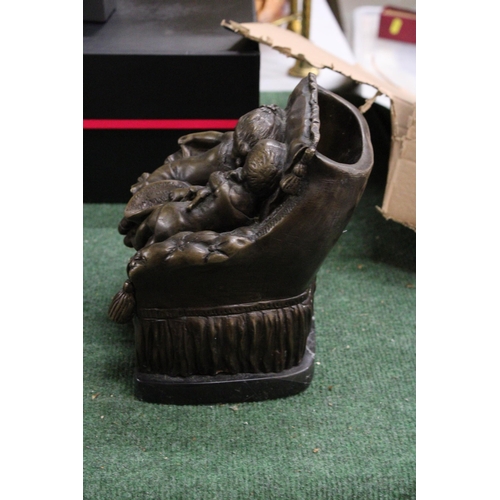 966 - A BRONZE STUDY OF A BOY AND GIRL SITTING ON A CHAIR, ON A MARBLE BASE, HEIGHT 21CM, WIDTH 18CM