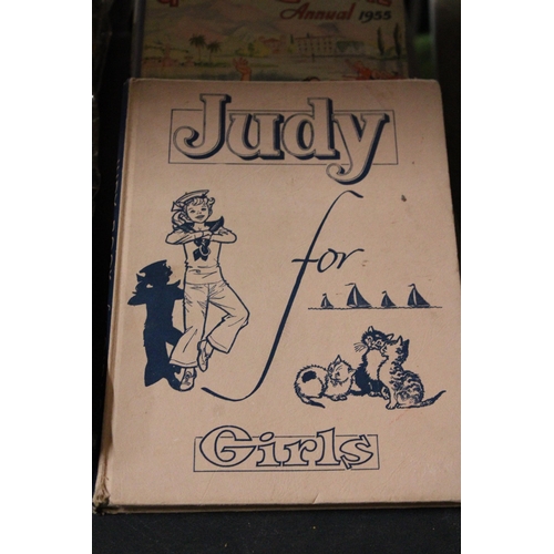 998 - FOUR VINTAGE CHILDREN'S BOOKS TO INCLUDE JUDY FOR GIRLS, GIRLS CRYSTAL ANNUAL 1955, ETC.,