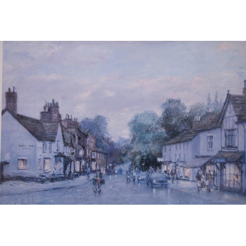 1007 - A FRAMED AND MOUNTED PRINT OF PRESTBURY VILLAGE - SIGNED