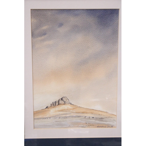 1010 - A WATERCOLOUR ON TEXTURED PAPER OF A LANDSCAPE, SIGNED CHRISTINE DODD