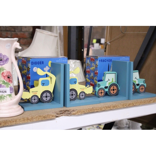 1025 - TWO PAIRS OF 'SASS & BELLE' BOOK-ENDS - A DIGGER AND A TRACTOR