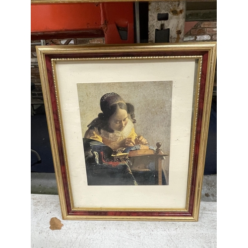 1041 - TWO VINTAGE PHOTOGRAPHS, PLUS TWO FRAMED PRINTS, ONE OF SAINT JOHN, THE OTHER A LADY MAKING LACE