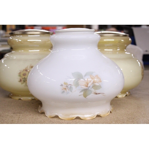 1074 - THREE VINTAGE MILK/OPAQUE FLORAL GLASS LAMP SHADES