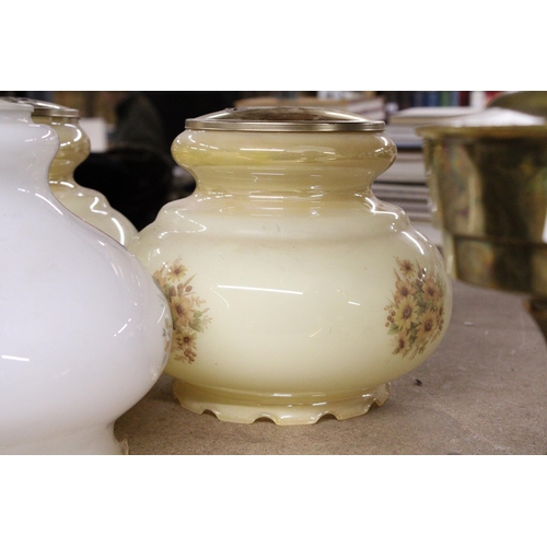 1074 - THREE VINTAGE MILK/OPAQUE FLORAL GLASS LAMP SHADES