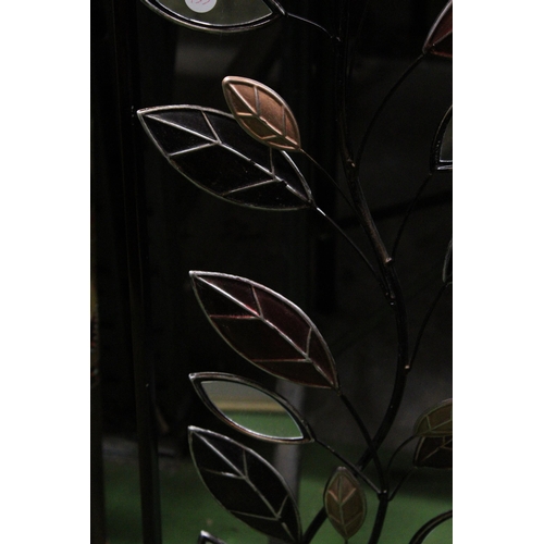 1089 - A METAL LEAF PATTERN WALL ART TOGETHER WITH A FRAMED TILE