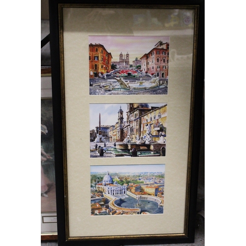 1092 - A FRAMED MONTAGE OF THREE WATERCOLOURS OF ROME PLUS A PRINT 'FEEDING THE SWANS'