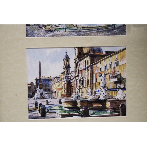 1092 - A FRAMED MONTAGE OF THREE WATERCOLOURS OF ROME PLUS A PRINT 'FEEDING THE SWANS'