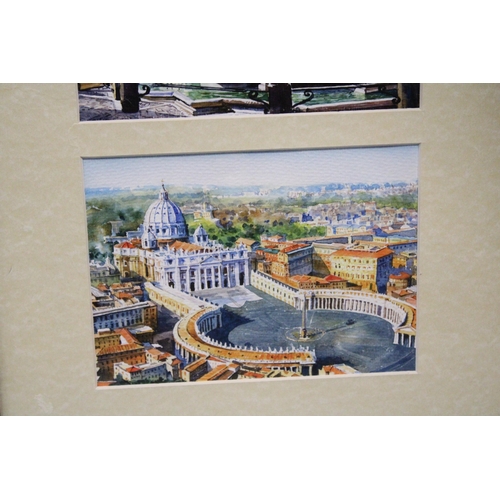 1092 - A FRAMED MONTAGE OF THREE WATERCOLOURS OF ROME PLUS A PRINT 'FEEDING THE SWANS'