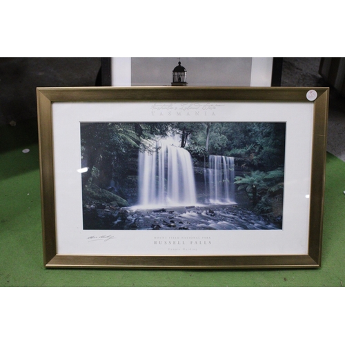 1138 - THREE FRAMED PHOTOGRAPHIC PRINTS, THE EIFFEL TOWER, AR MEN LIGHTHOUSE AND RUSSELL FALLS