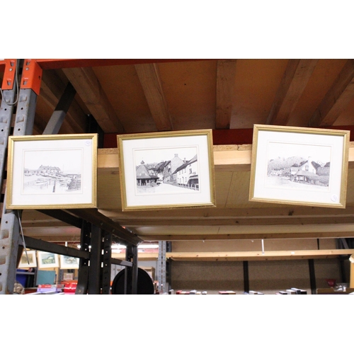 1150 - THREE FRAMED PRINTS OF VILLAGE SCENES AND A HARBOUR SCENE